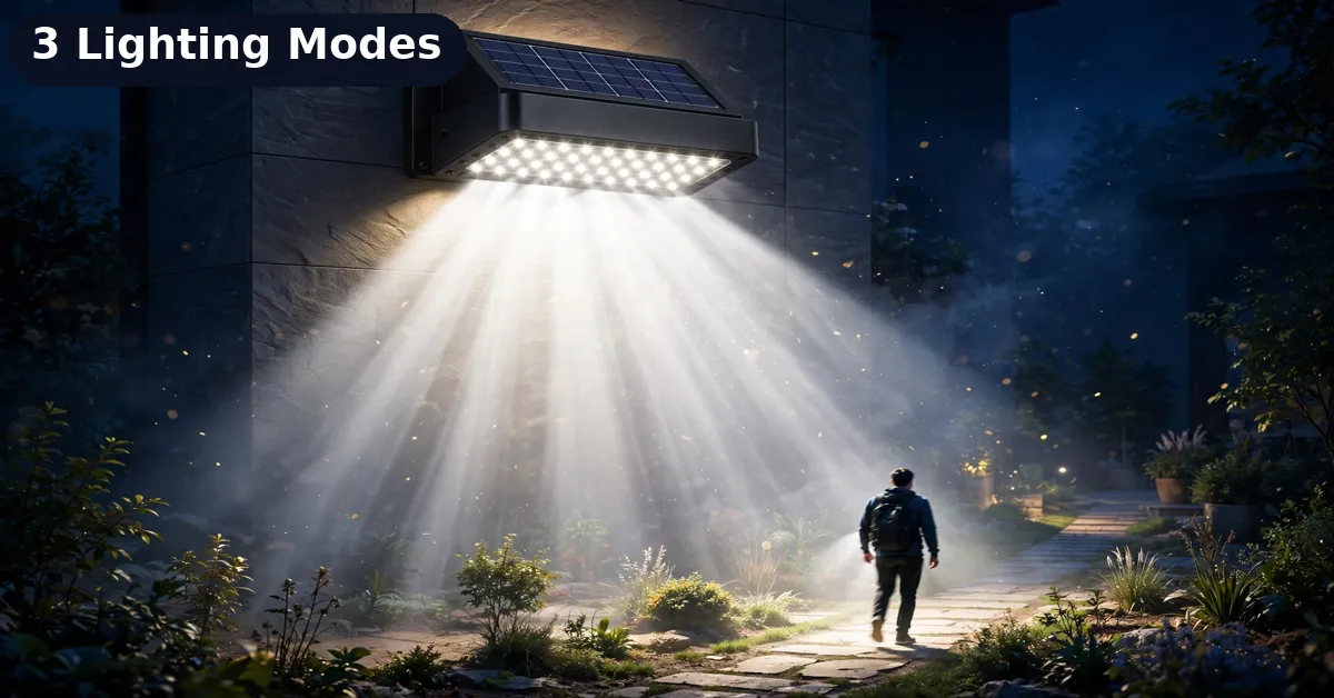100 LED Solar Light Lighting Modes 100 LED solar wall light casting a wide beam over a garden pathway at night