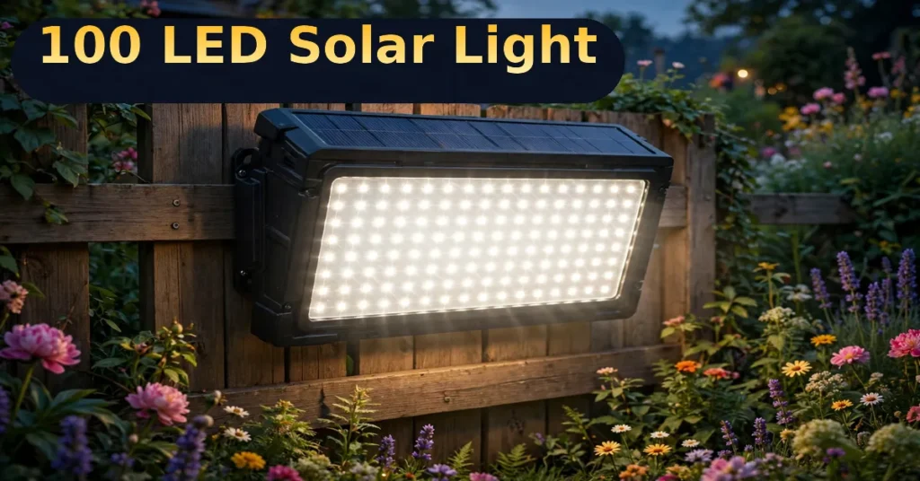 100 LED solar motion sensor light mounted on a garden fence at dusk, switched on
