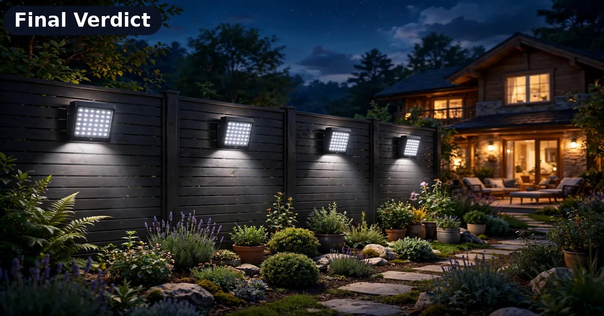 100 LED Solar Motion Sensor Light Verdict Row of 100 LED solar motion sensor lights lighting a backyard fence at night