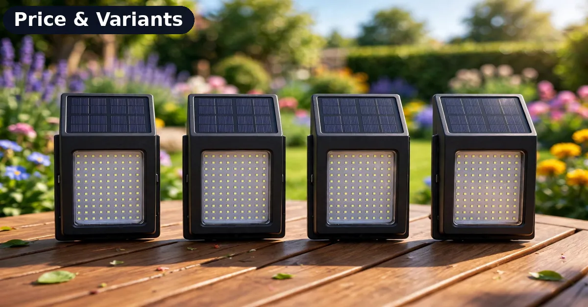 100 LED Solar Wall Light Variants Four 100 LED solar wall lights showing the pack size variants