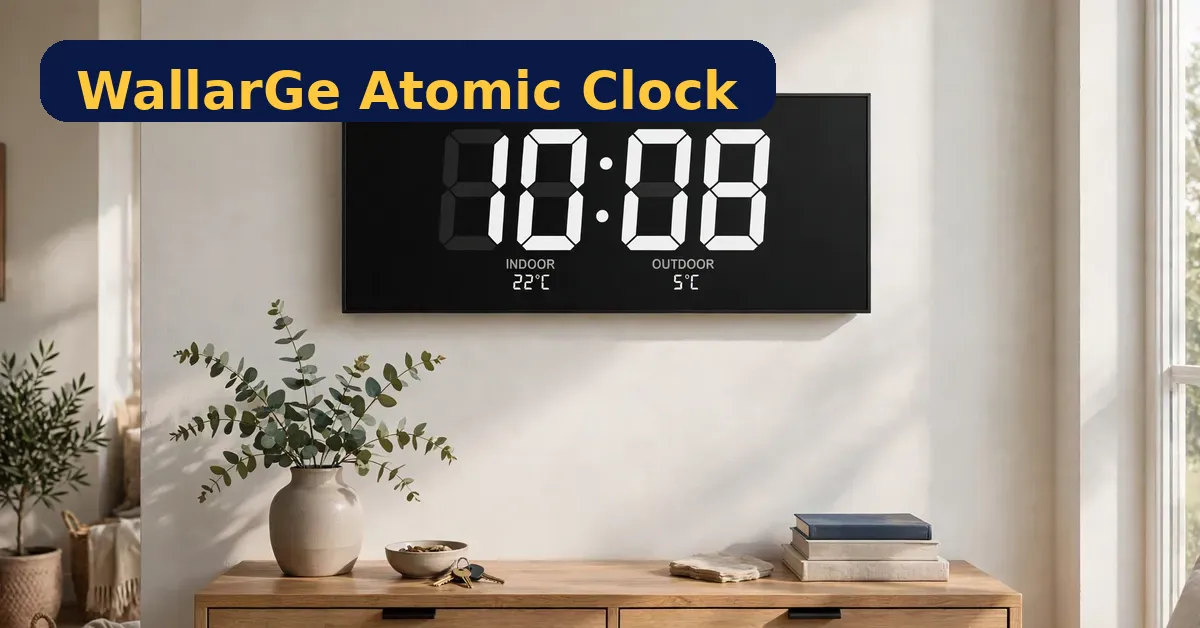 WallarGe Atomic Clock review - atomic wall clock with indoor and outdoor temperature on a living room wall