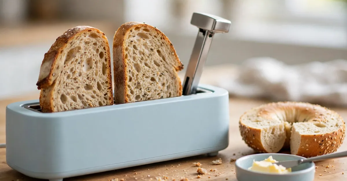 BELLA slim toaster long slot with sourdough slices BELLA slim toaster with one long slot holding two thick sourdough slices side by side