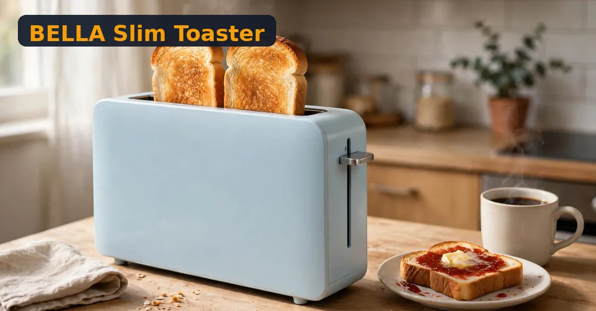 BELLA slim toaster review - slim toaster on a small kitchen counter BELLA slim toaster review - slim light-blue toaster with toast on a small kitchen counter