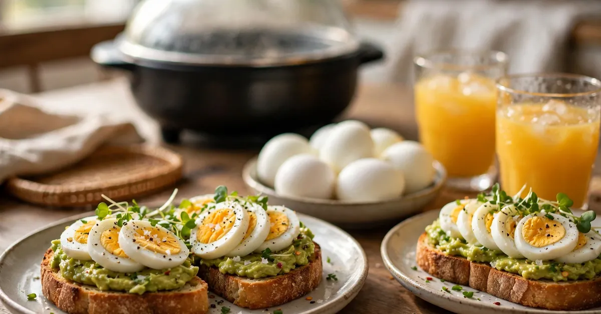 Breakfast with eggs made in the DASH Deluxe egg cooker Breakfast table with sliced boiled eggs on avocado toast and the DASH Deluxe egg cooker behind
