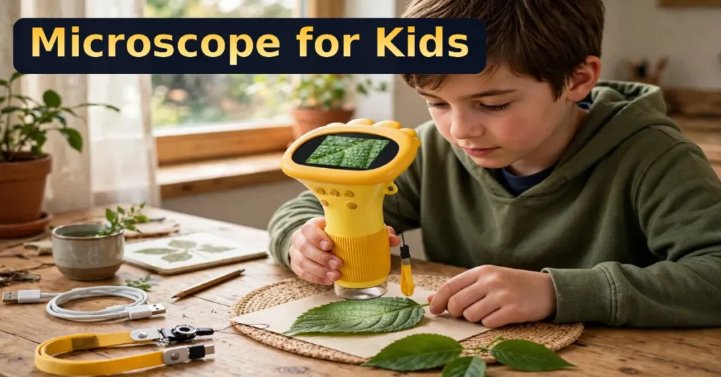 Best microscope for kids, a child examining a leaf with a yellow handheld digital microscope