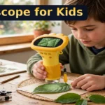 Best microscope for kids, a child examining a leaf with a yellow handheld digital microscope
