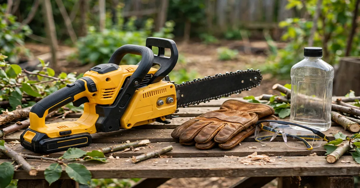 Best mini chainsaw final verdict DEWALT DCCS623B with work gloves and bar oil