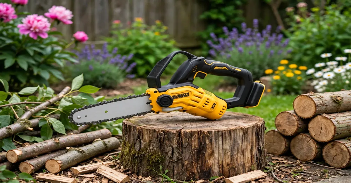 Best mini chainsaw DEWALT DCCS623B pruning saw in a garden