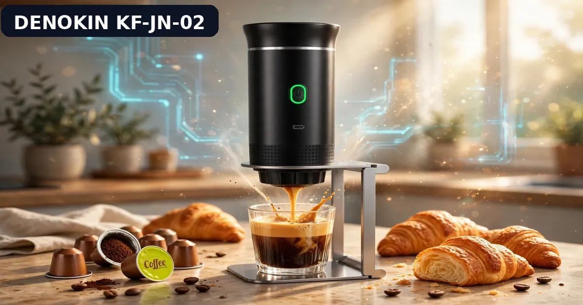 DENOKIN KF-JN-02 wireless portable espresso maker brewing on a kitchen counter with capsules