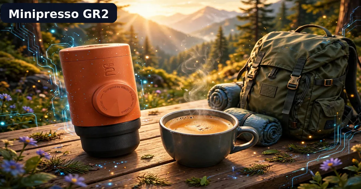 WACACO Minipresso GR2 best portable espresso maker for backpacking next to a backpack and a cup of espresso