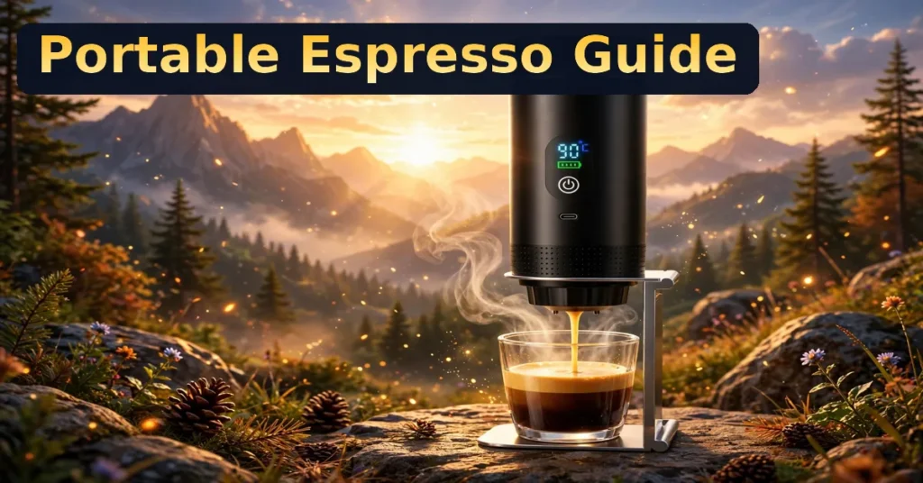 Best portable espresso maker brewing at a mountain campsite at sunrise