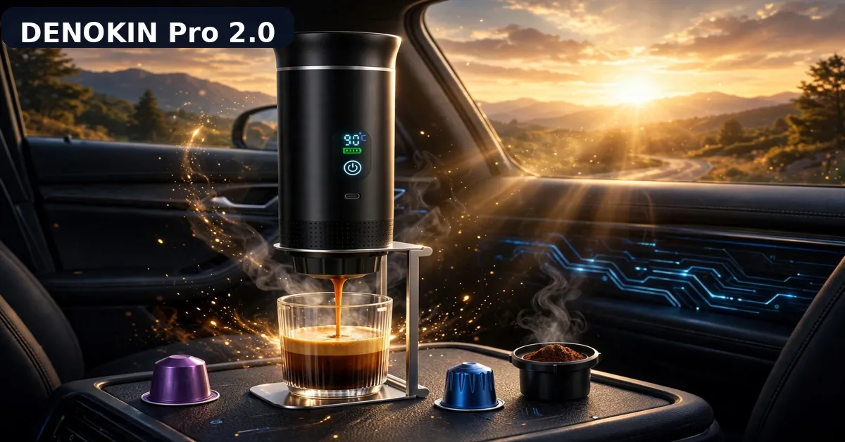 DENOKIN KF-JN-02 Pro 2.0 electric portable espresso maker brewing inside a car at sunset