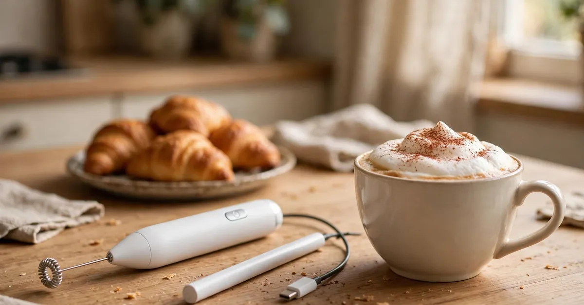 electric milk frother review — Bincoo frother with a foamy cappuccino on a kitchen counter