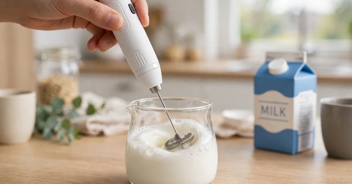 electric milk frother review — Bincoo handheld frother making foam in a glass pitcher
