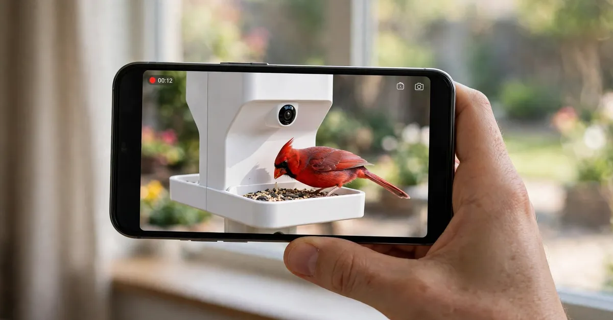 Birdfy feeder camera app showing a bird visit notification