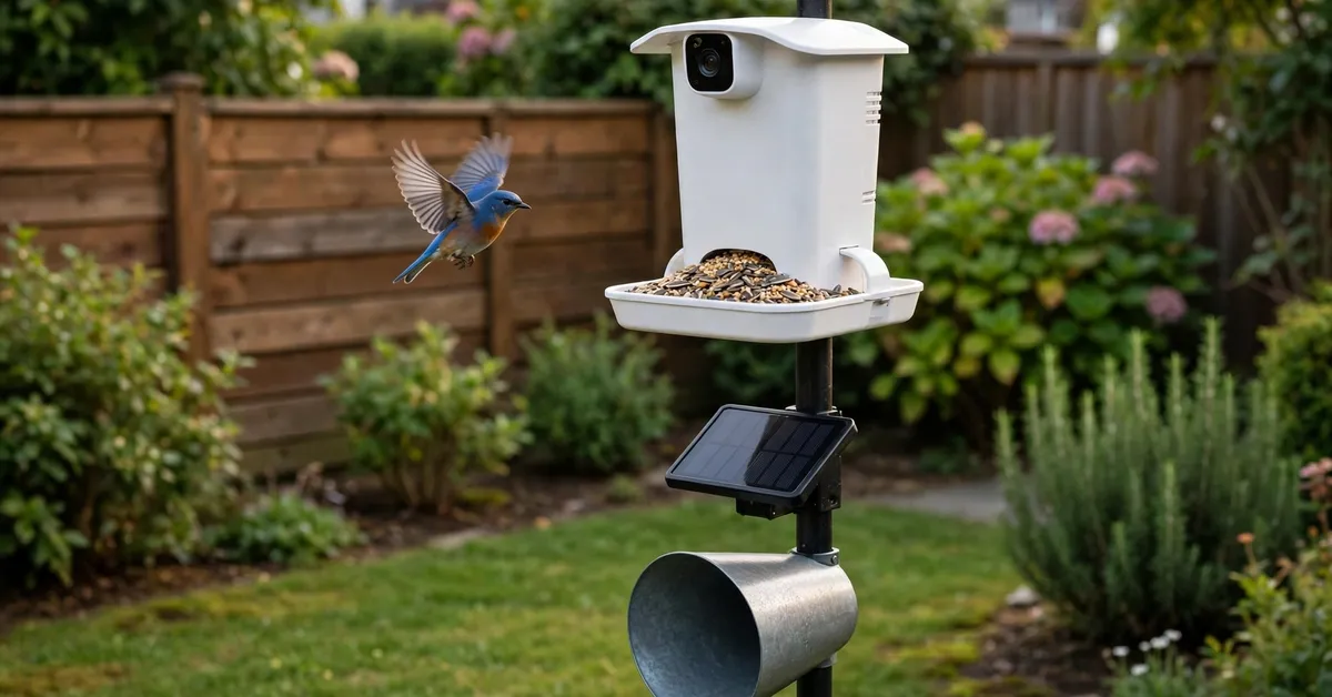 Birdfy smart bird feeder with solar panel mounted on a pole