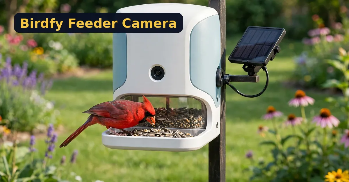 Birdfy feeder camera review - smart bird feeder with camera in a garden