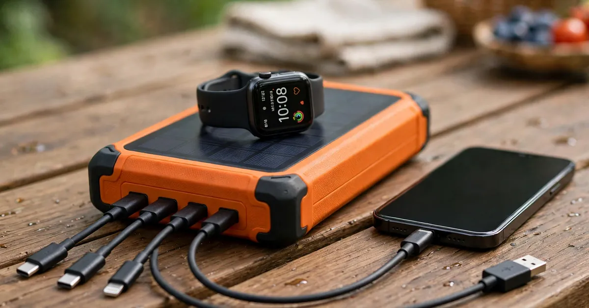 BLAVOR solar power bank built-in cables charging a phone and Apple Watch BLAVOR solar power bank with its four built-in cables charging a phone at a picnic table
