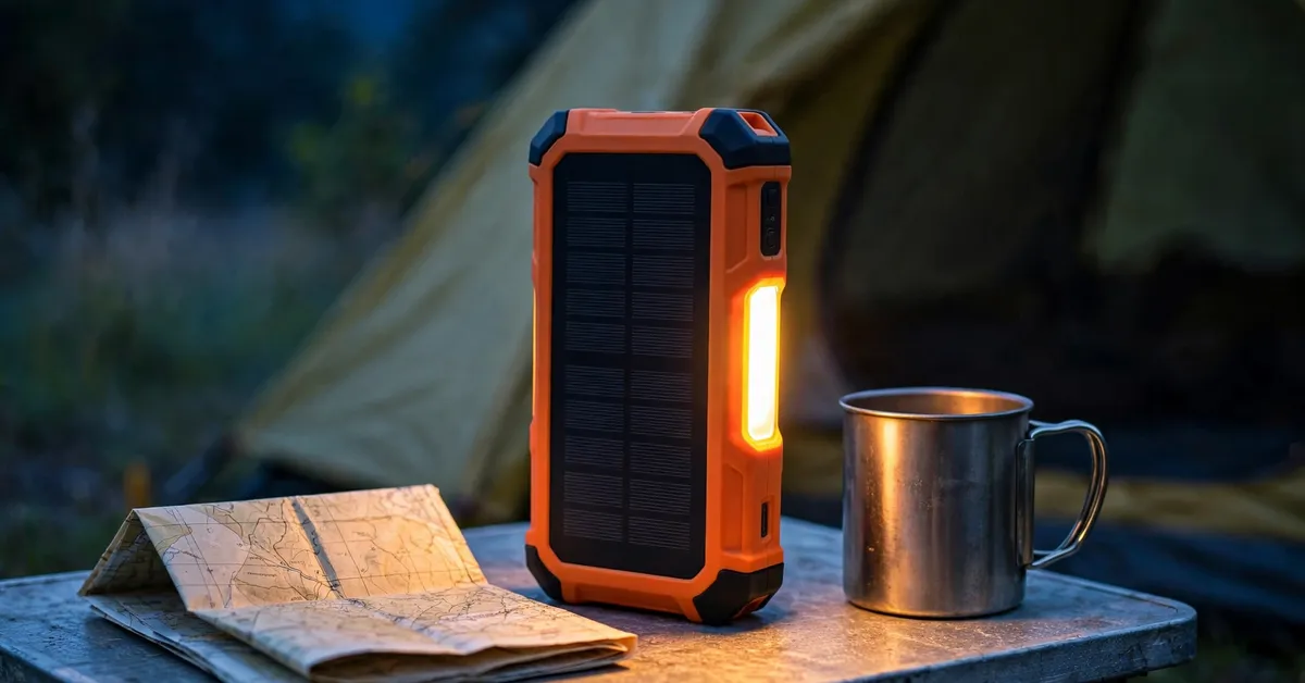 BLAVOR solar power bank camping light glowing beside a tent at dusk BLAVOR solar power bank camping light in use beside a tent at dusk