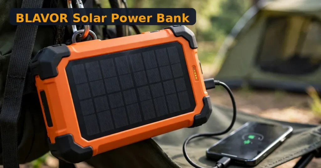 BLAVOR solar power bank review - orange 20000mAh solar charger with built-in cables at a sunny campsite
