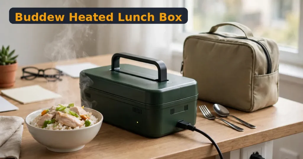 Buddew electric lunch box review - heated lunch box with steaming hot food beside its carry bag on an office desk