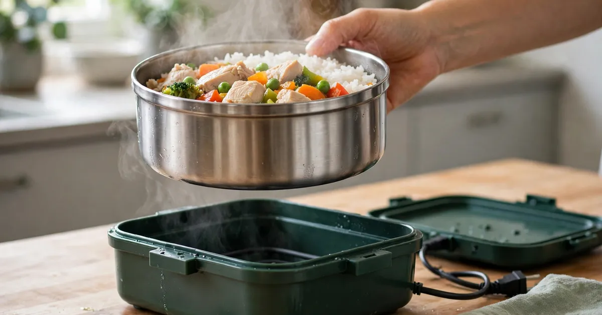 Buddew heated lunch box stainless steel container with hot rice and chicken Buddew heated lunch box stainless steel container lifted out with hot rice and chicken steaming