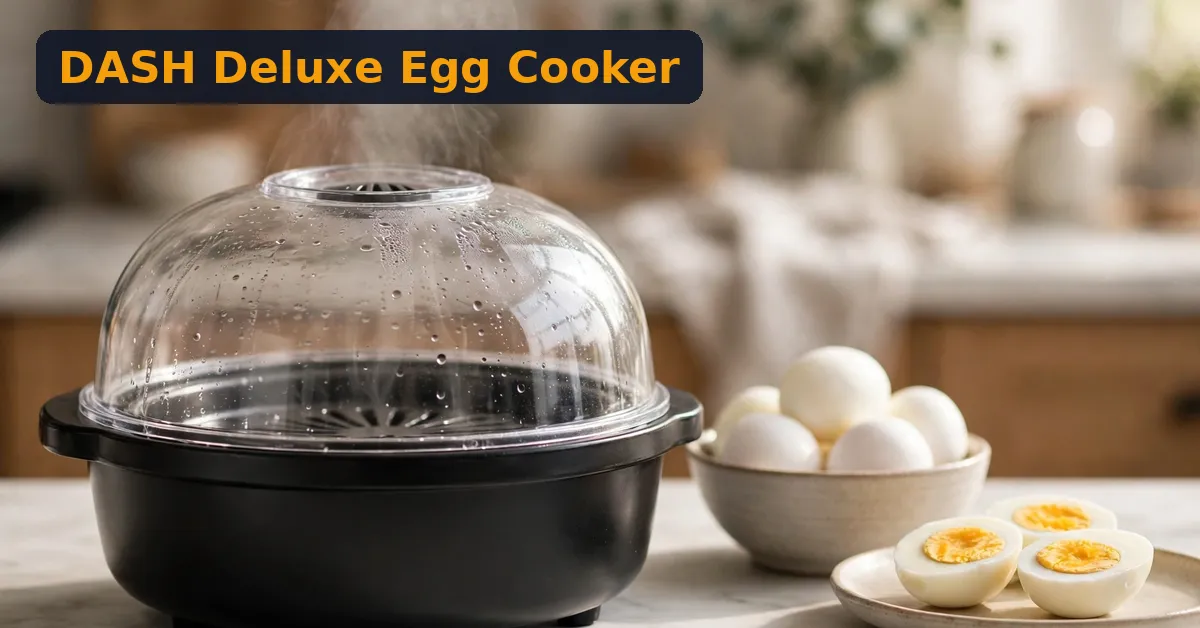 DASH Deluxe egg cooker review - 12-egg cooker on a kitchen counter DASH Deluxe egg cooker review - black 12-egg cooker with clear dome lid and peeled eggs