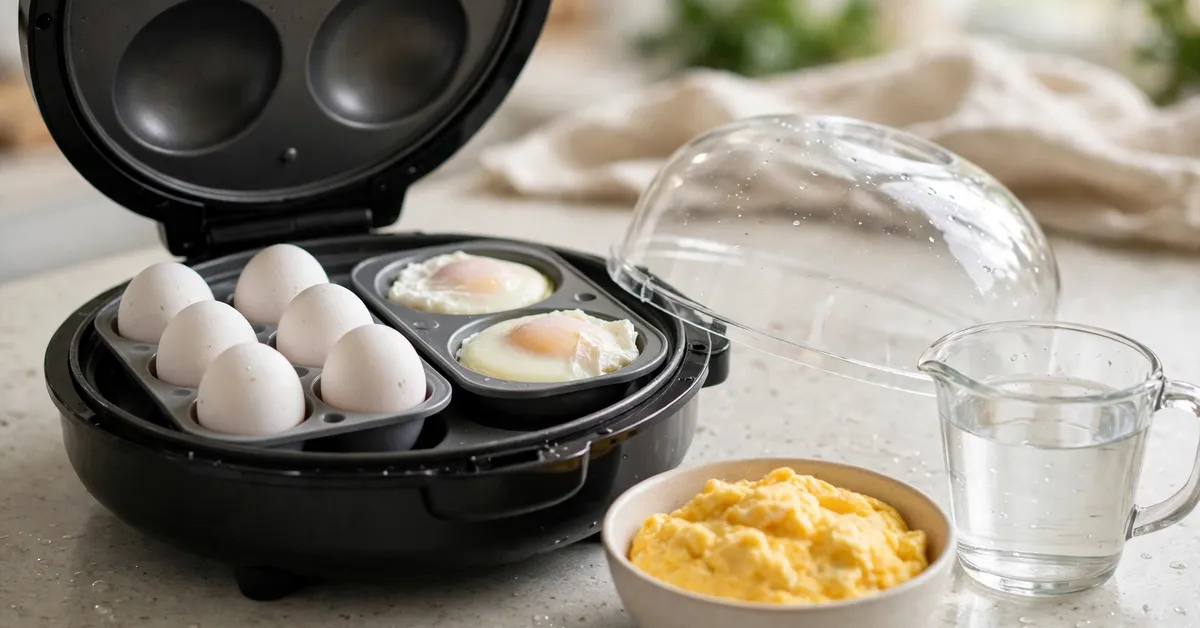 DASH Deluxe egg cooker trays with boiled and poached eggs DASH Deluxe egg cooker open showing the egg tray, poaching tray and omelette bowl