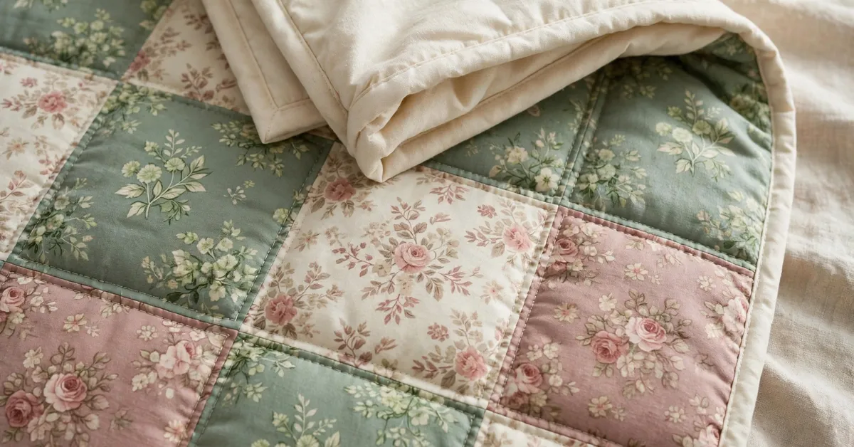 Whale Flotilla Patchwork Quilt Fabric Detail Whale Flotilla patchwork quilt fabric detail with printed squares and solid reverse