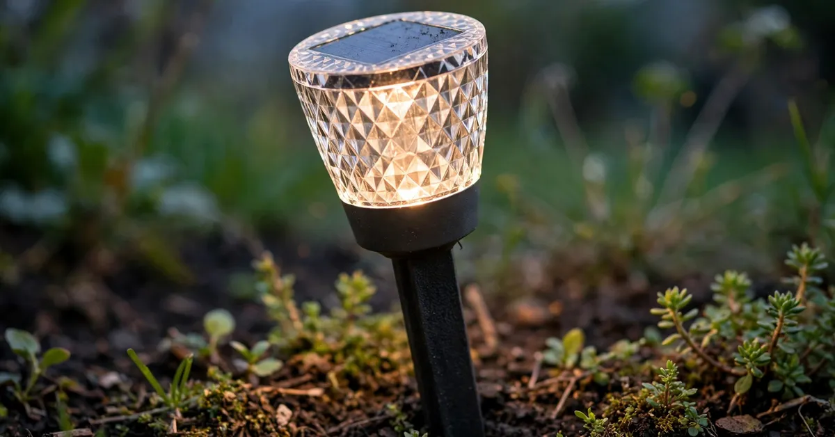 ILANCK solar pathway lights final verdict ILANCK solar pathway lights final verdict - close-up of a glowing solar stake light with patterned lens in garden soil at dusk