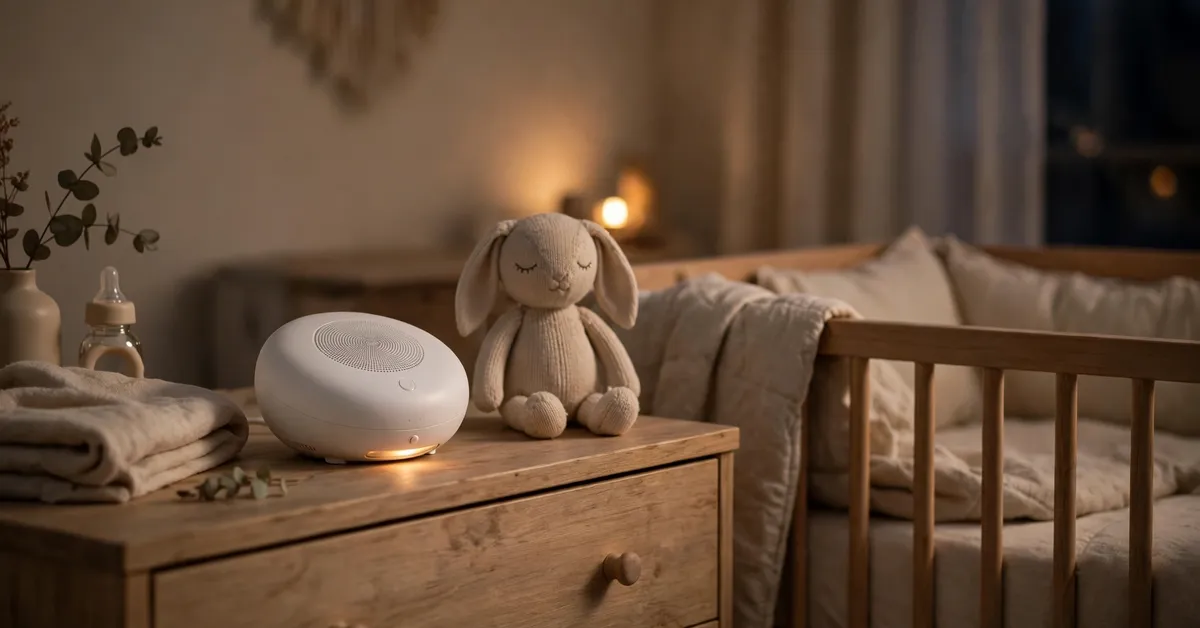 Dreamegg white noise machine in a nursery beside a crib