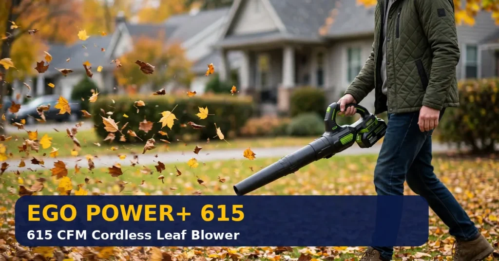 EGO Power+ 615 CFM cordless leaf blower clearing leaves in a yard