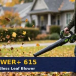 EGO Power+ 615 CFM cordless leaf blower clearing leaves in a yard