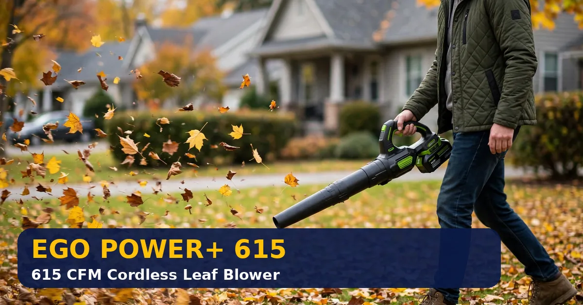 EGO Power+ 615 CFM cordless leaf blower blowing autumn leaves on a lawn