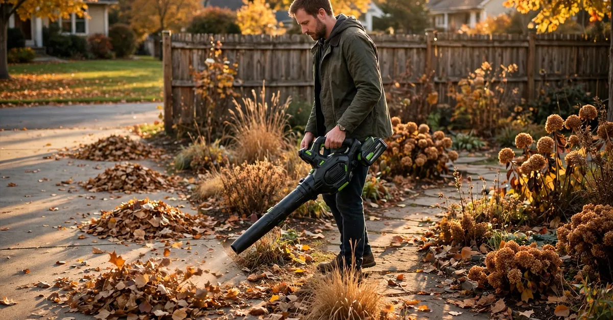 Person clearing a driveway with the EGO Power+ 615 cordless leaf blower
