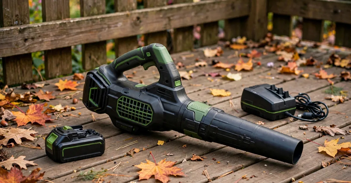 EGO Power+ 615 cordless leaf blower with battery and charger on a wooden deck
