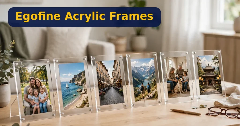 Egofine acrylic picture frames 6 pack on a desk