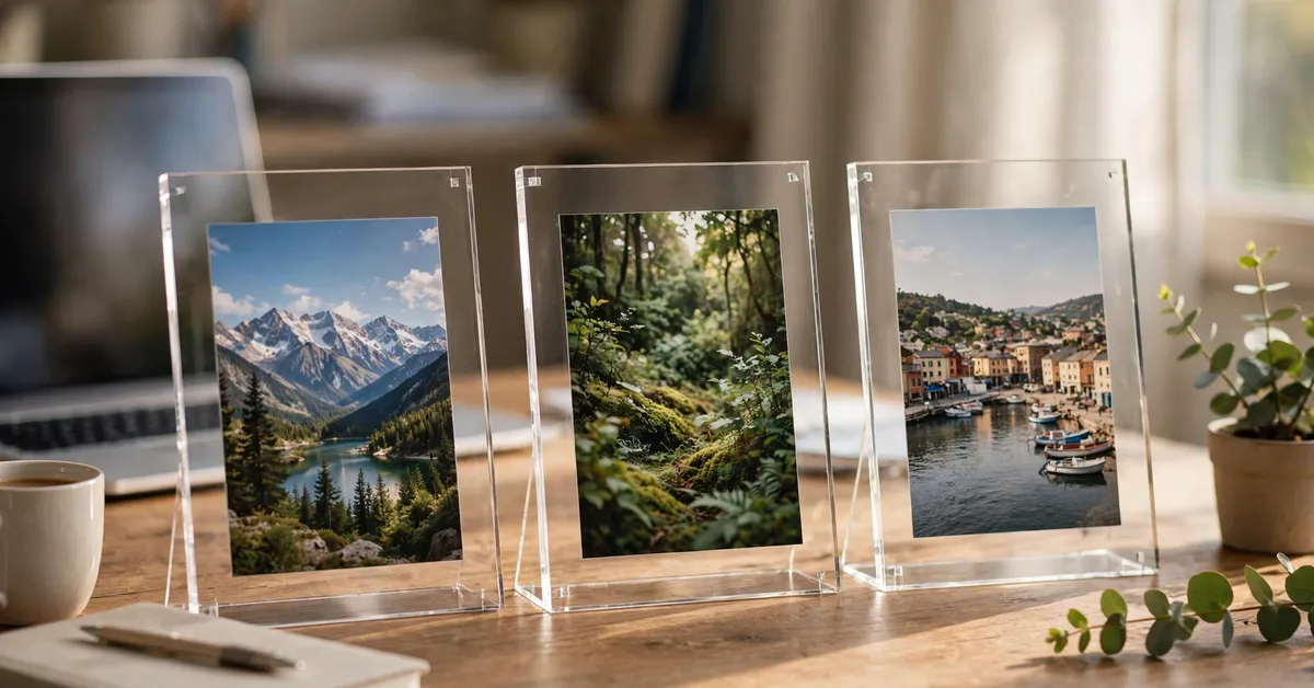 Egofine acrylic picture frames on a home office desk
