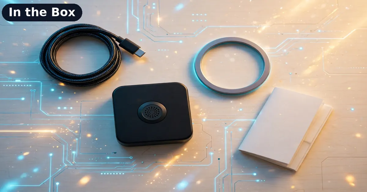 FoCase Rec CR1 box contents with the recorder puck, USB cable and magnetic ring