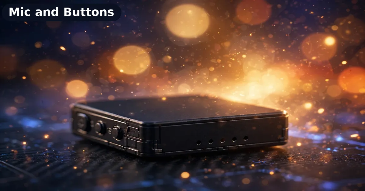 Close-up of the FoCase Rec CR1 showing its buttons and microphone holes along the bottom edge