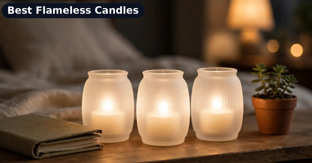 FPOO flameless tea lights glowing on a bedroom nightstand FPOO flameless tea lights glowing on a bedroom nightstand — best flameless candles decor idea