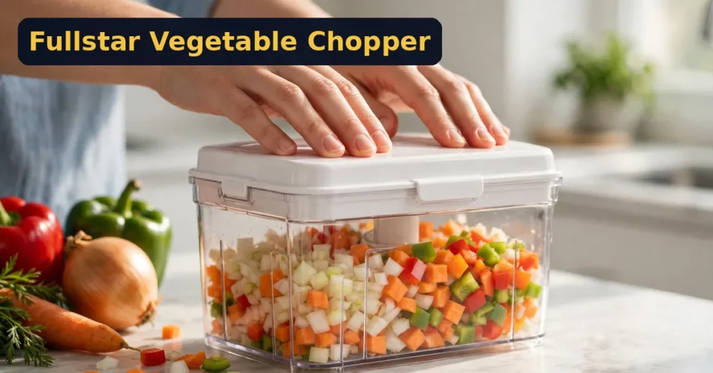Fullstar vegetable chopper review - press-lid chopper dicing onion carrot and peppers