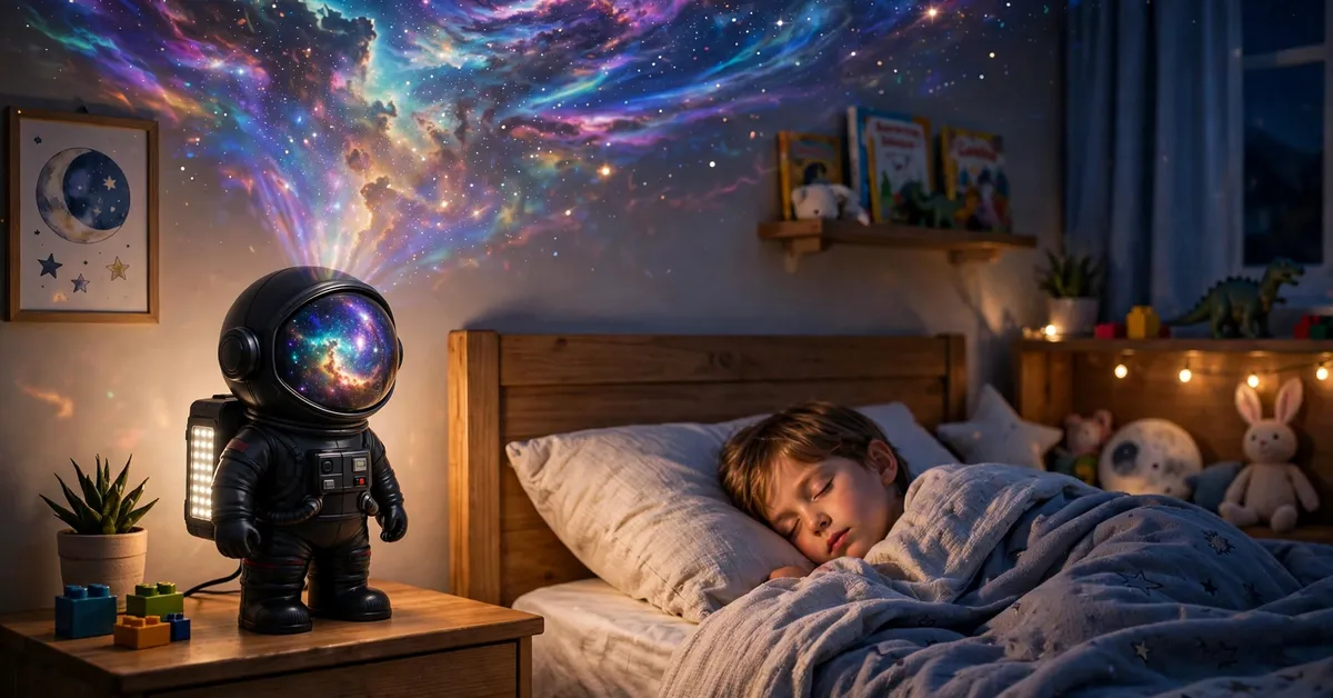 Astronaut galaxy projector in a dark bedroom — nebula and green stars on the ceiling Astronaut galaxy projector in a dark bedroom — nebula and green stars on the ceiling
