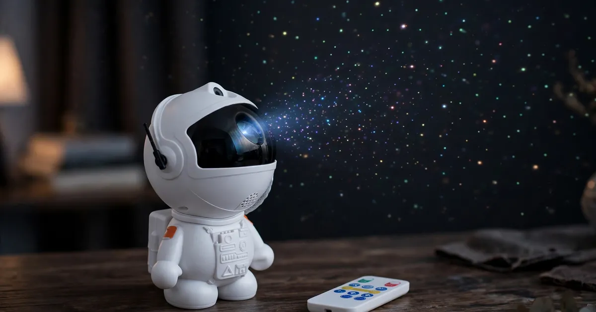Astronaut galaxy projector on a nightstand — removable moon base and poseable arms Astronaut galaxy projector on a nightstand — removable moon base and poseable arms