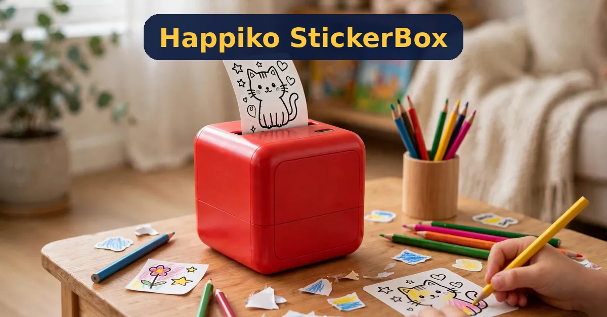 Happiko StickerBox red cube printer on a kids desk with colored pencils and stickers