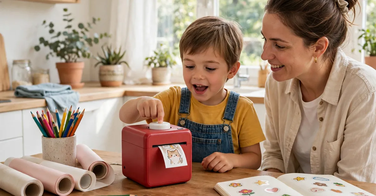 Child pressing the button on a Happiko StickerBox while a parent watches