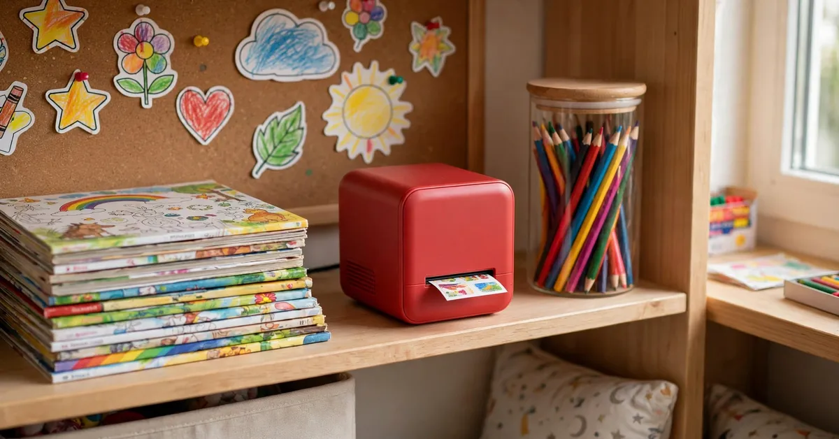 Happiko StickerBox on a shelf beside coloring books and hand-colored stickers
