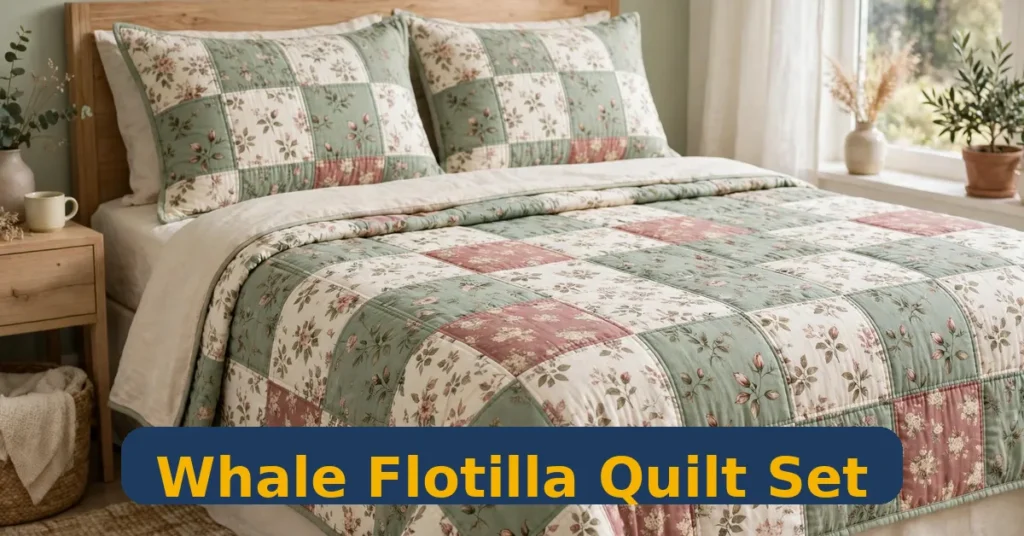 Whale Flotilla patchwork quilt set on a bed with floral patchwork shams