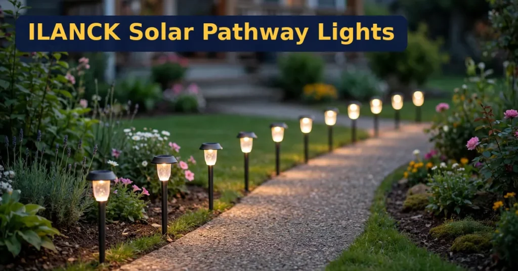ILANCK Solar Pathway Lights review - warm white solar stake lights glowing along a garden walkway at dusk