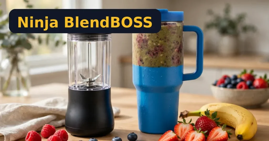Ninja BlendBOSS personal blender with berry smoothie in a bright kitchen